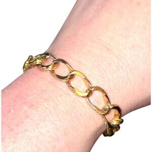 Monet VTG Gold Tone Partial Filigree Chunky Cuban Link Bracelet‎ W/ Safety Chain